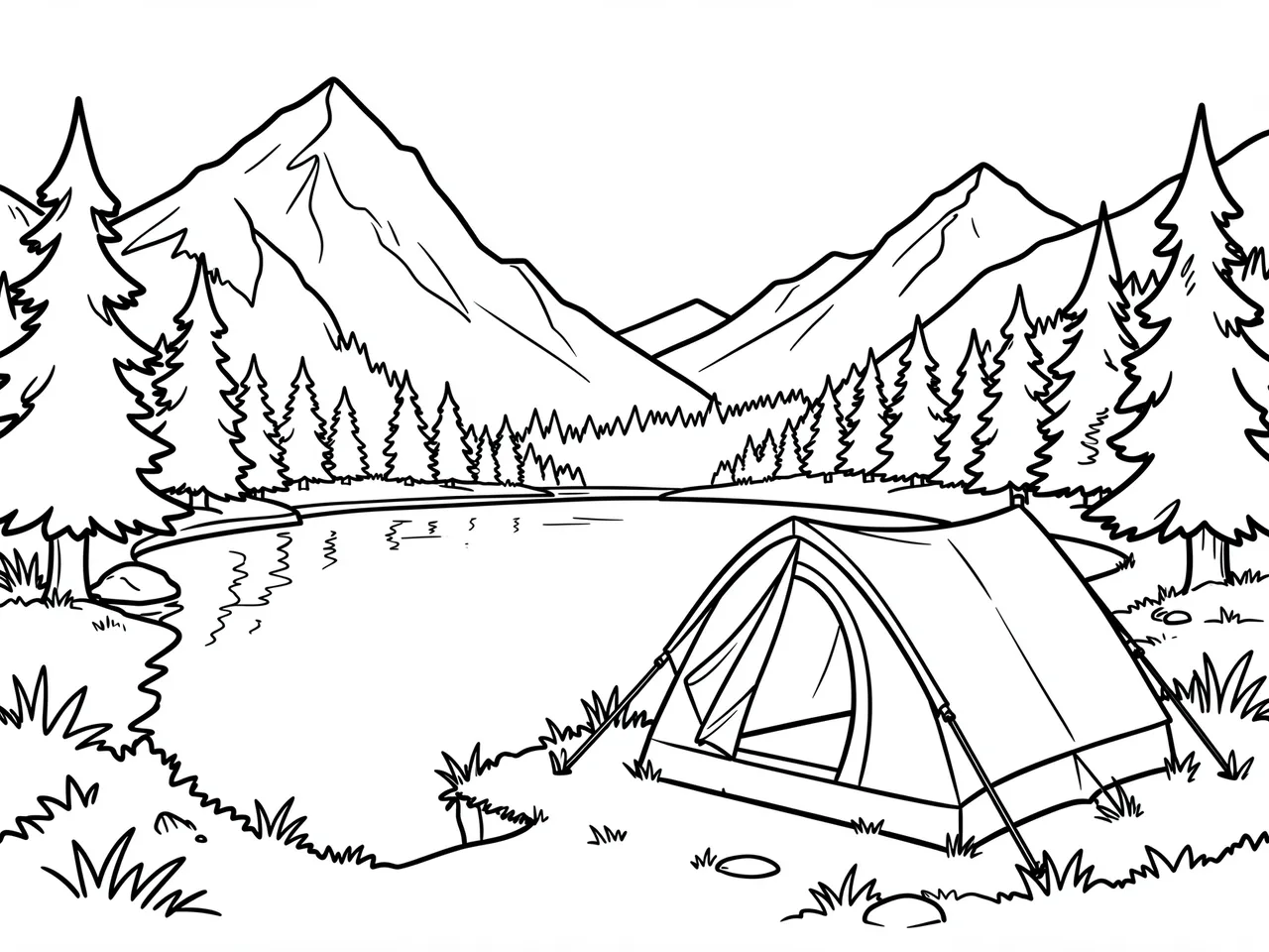 Black and white line art coloring page of a camping tent beside a mountain lake with pine trees and distant peaks