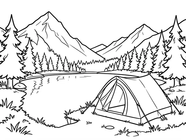 Black and white line art coloring page of a camping tent beside a mountain lake with pine trees and distant peaks