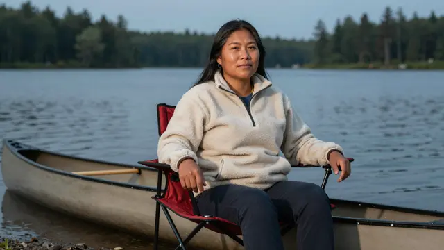 Indigenous woman in her thirties sits in a camp chair beside a canoe at a calm forested lakeside at dusk