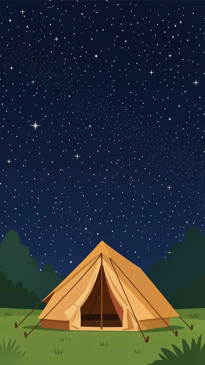 A tan camping tent sits on grass beneath a dark navy starry sky with empty upper space