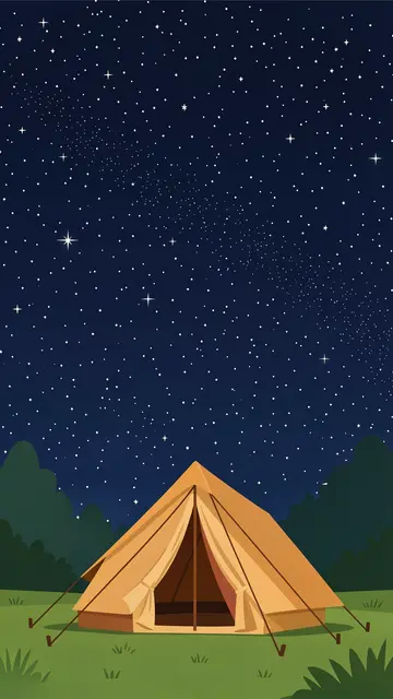 A tan camping tent sits on grass beneath a dark navy starry sky with empty upper space