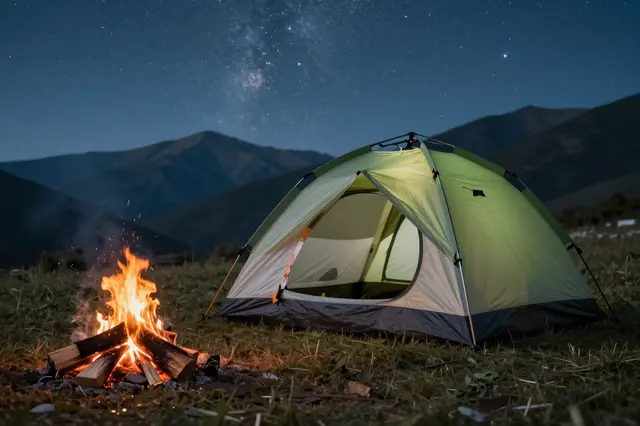 Lit campfire sits beside a green camping tent under a starry night sky with distant mountains