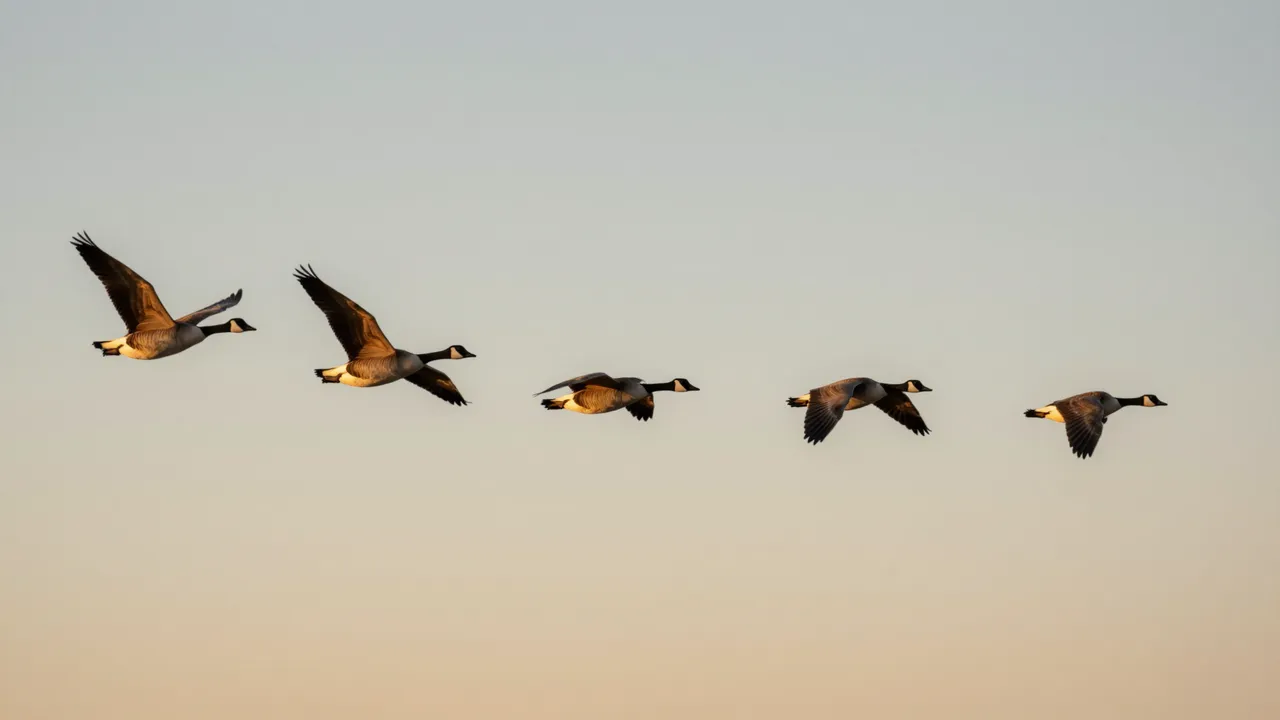 Five Canada geese fly in a loose formation across a soft gradient sunset sky