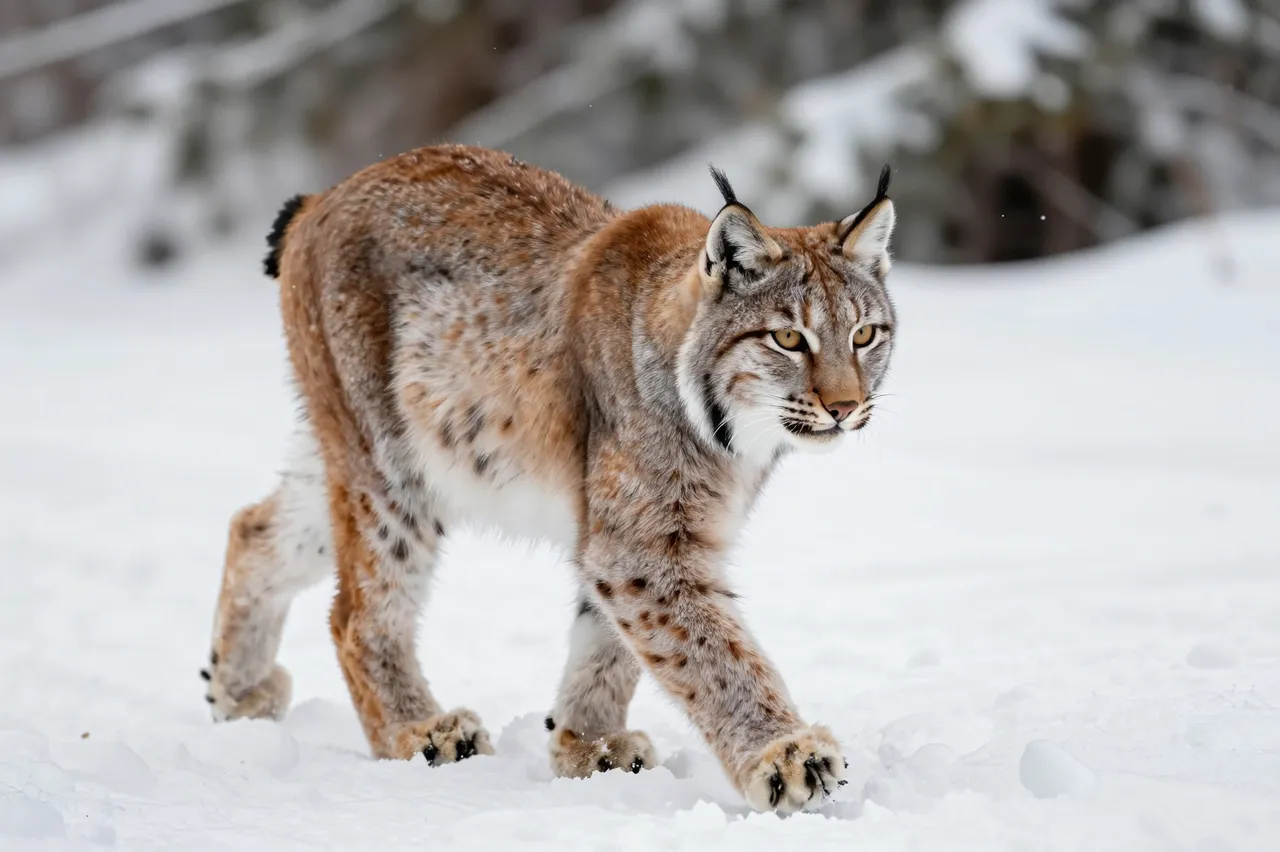 A thick-furred Canada lynx steps slowly through deep white winter snow