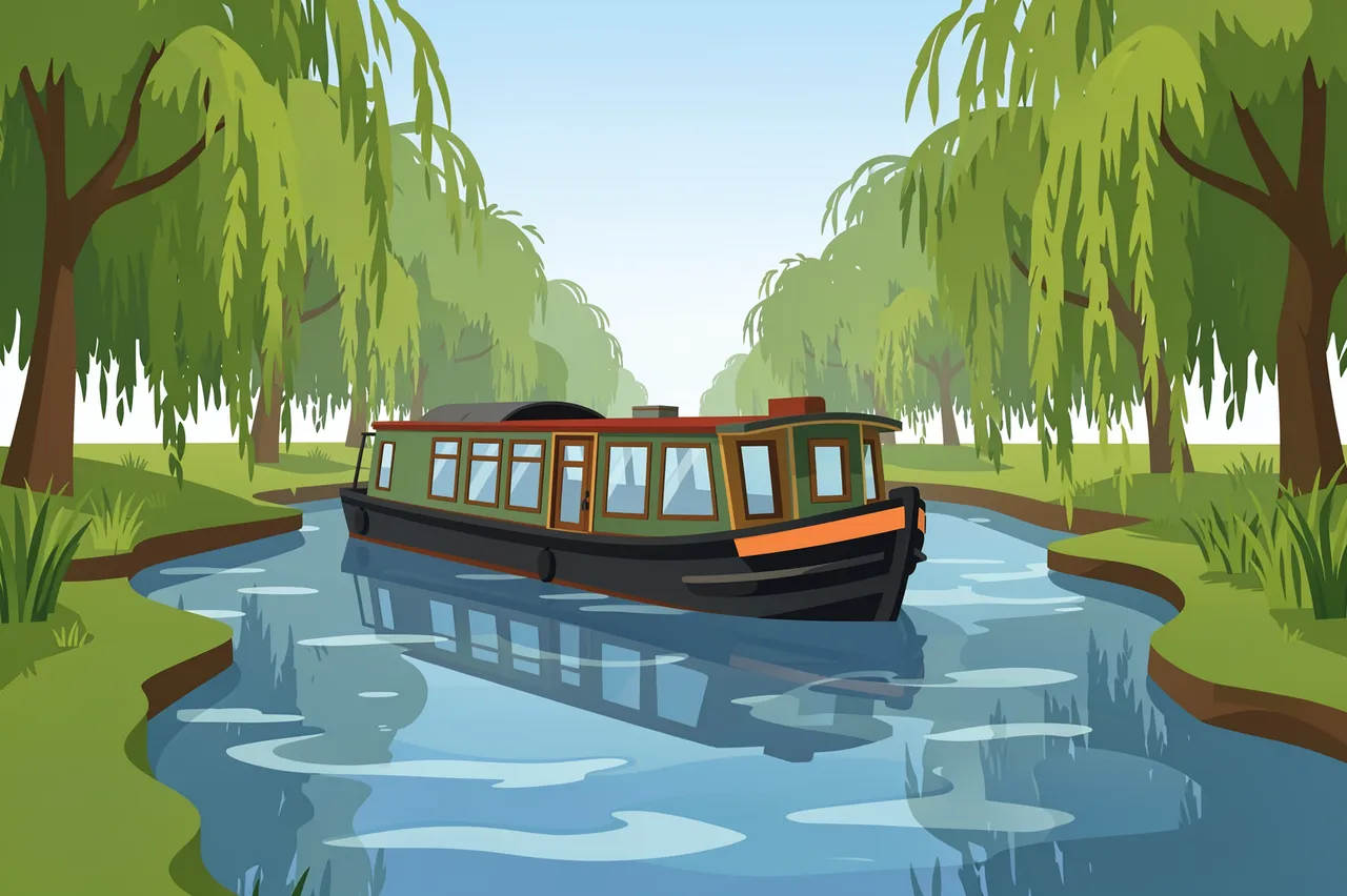 A narrow canal boat floats on a calm winding canal flanked by willow trees under a pale clear sky