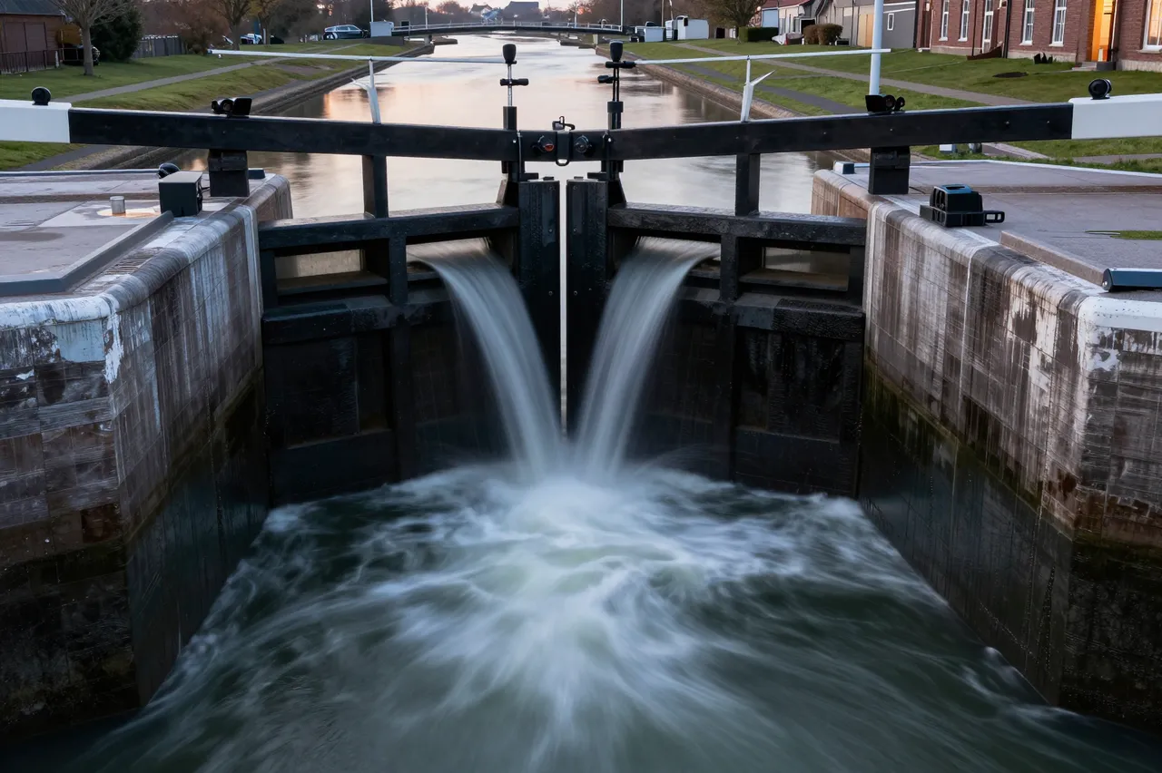 Long exposure shot of water pouring through canal lock gates at soft dusk, with a distant residential canal visible behind