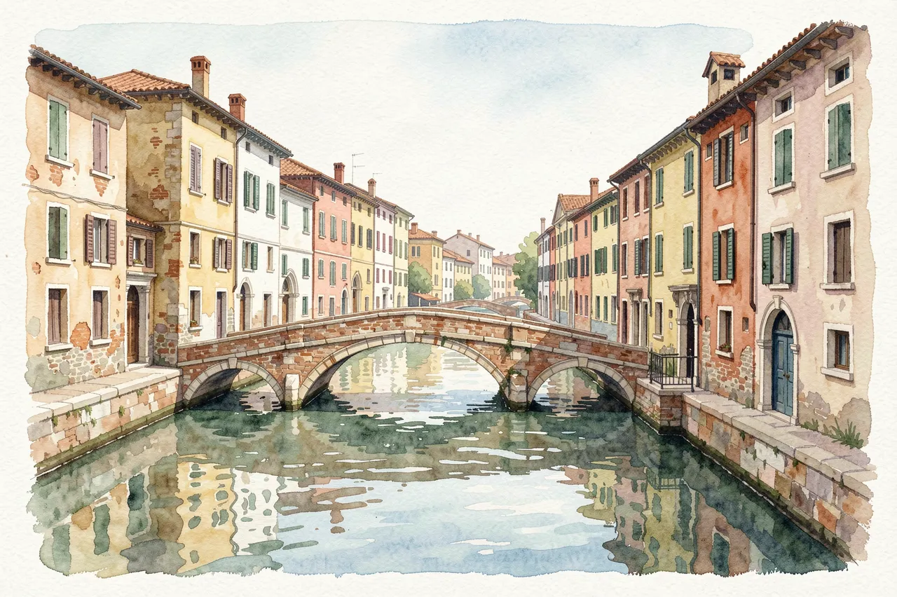 Watercolor illustration of a European canal flanked by pastel old houses with a brick arched bridge spanning the water