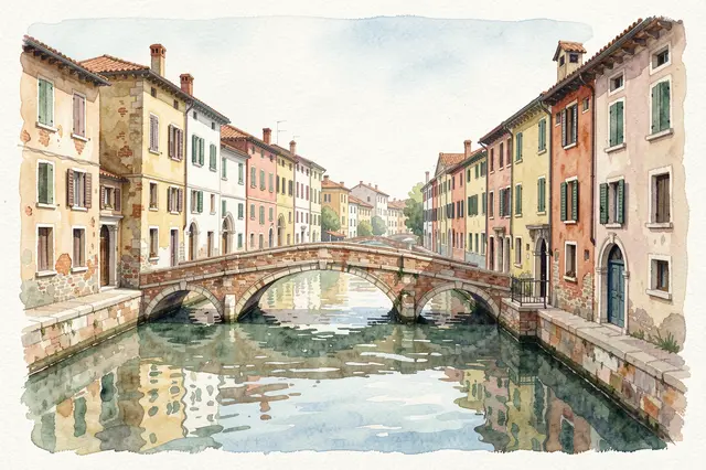 Watercolor illustration of a European canal flanked by pastel old houses with a brick arched bridge spanning the water