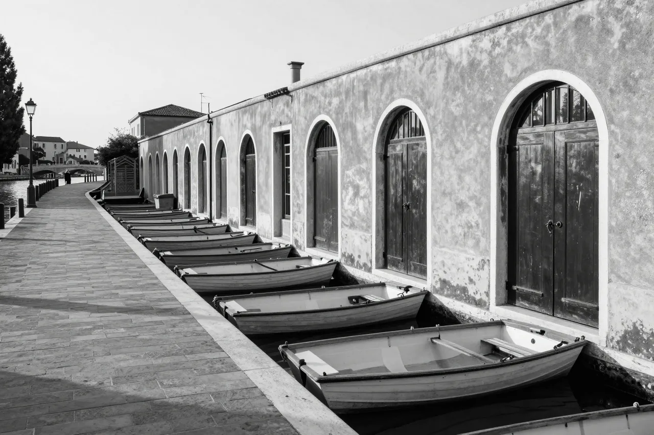 Black and white dawn view of a stone canal walkway lined with moored rowboats beside arched doorways