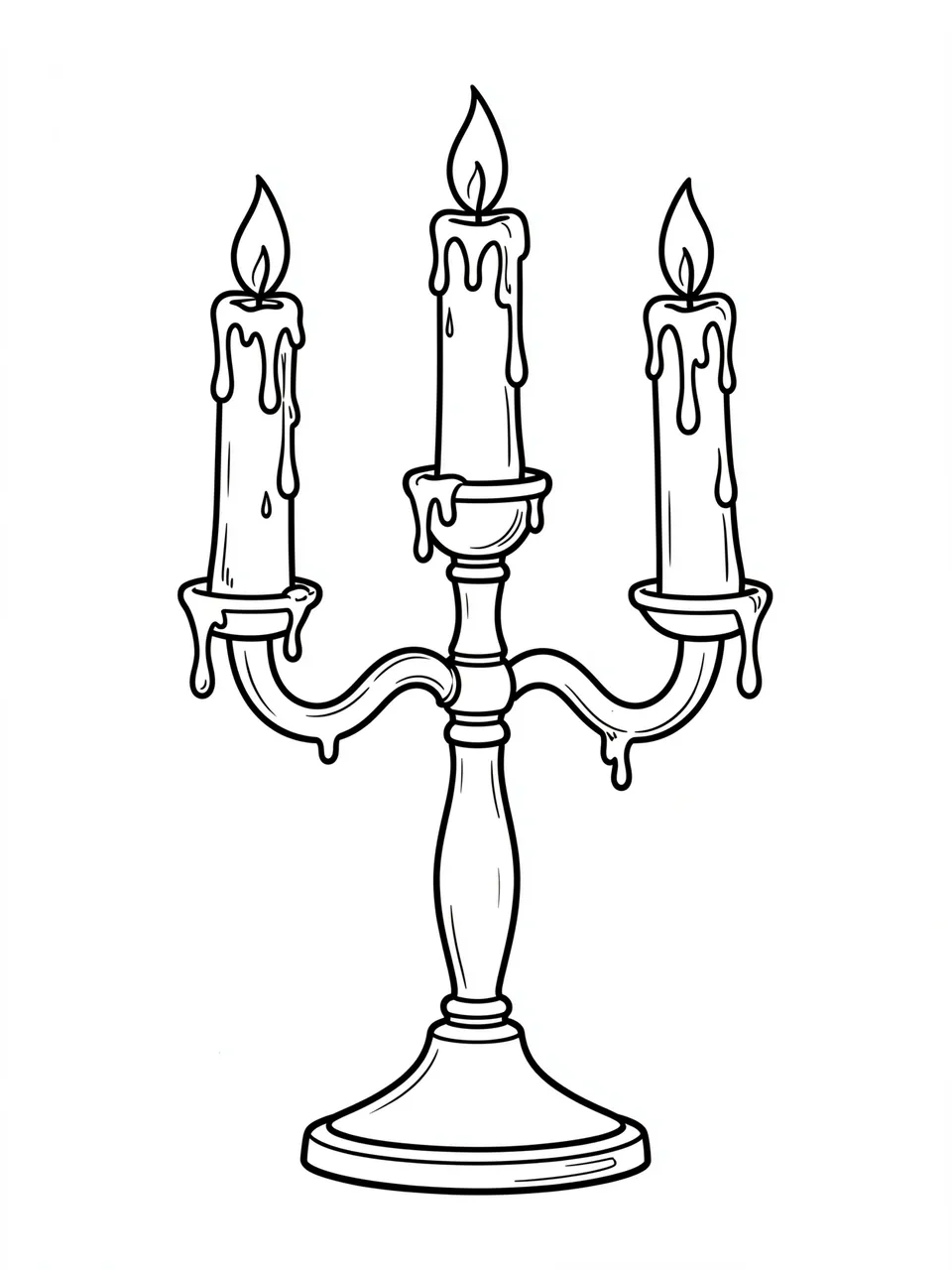Black and white bold line art of a three-candle candelabra with dripping wax on a plain white background