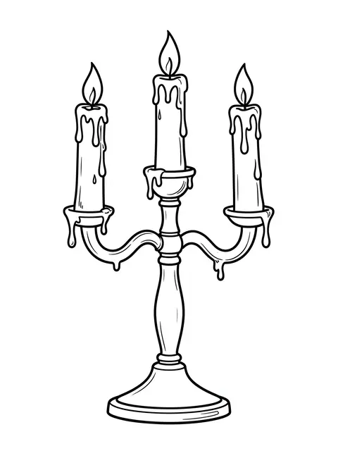 Black and white bold line art of a three-candle candelabra with dripping wax on a plain white background