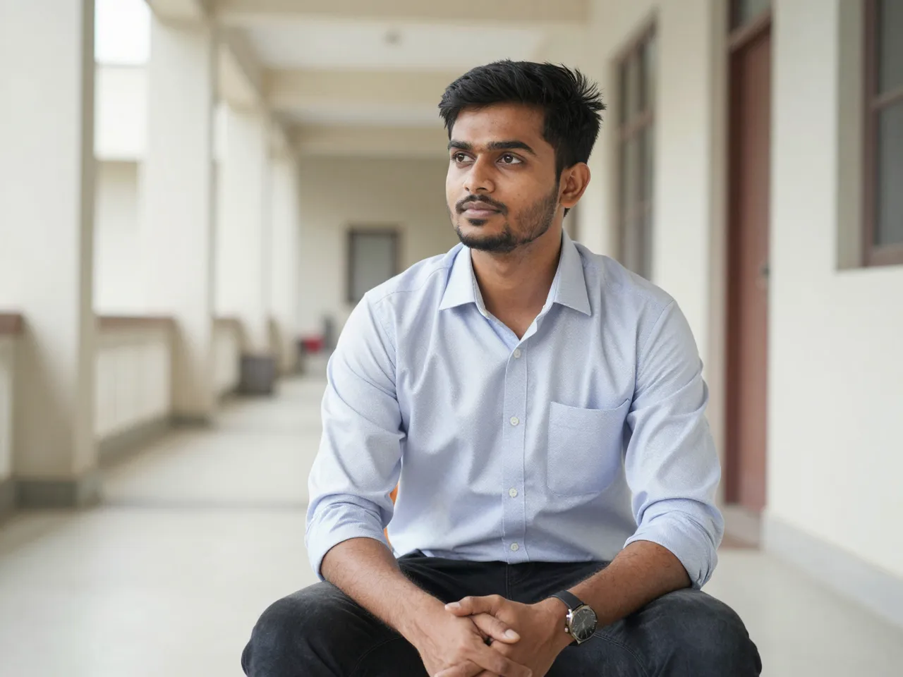 South Asian man in his twenties sits thoughtfully in a bright building corridor waiting for a job interview