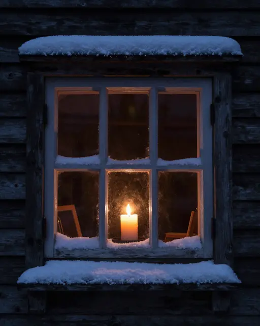 A lit candle glows inside a frosted, snow-capped wooden cottage window on a dark winter night