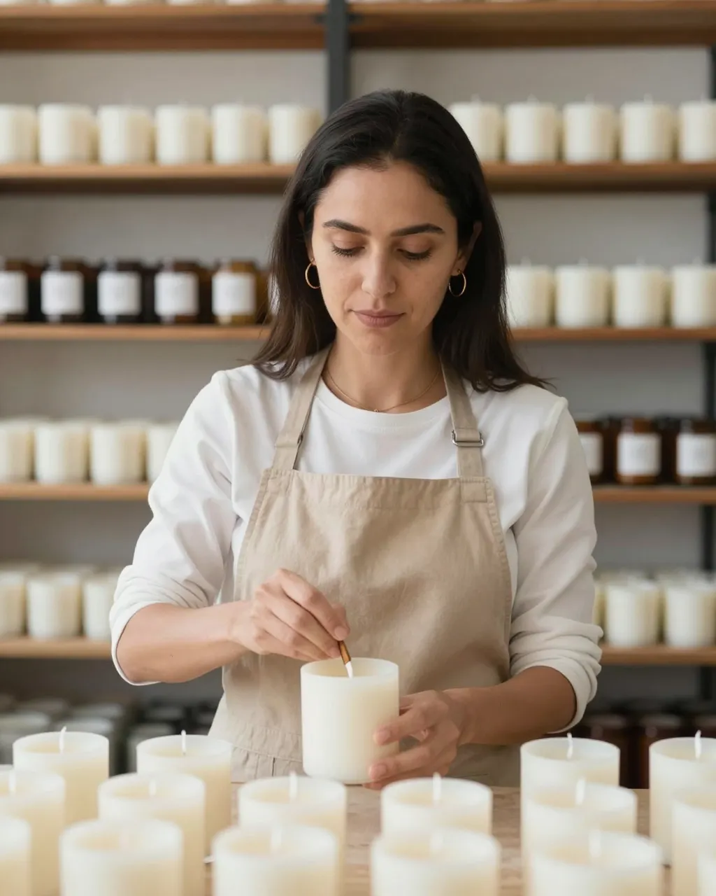 Latina candle maker in an apron trims wicks of a plain candle at her studio worktable