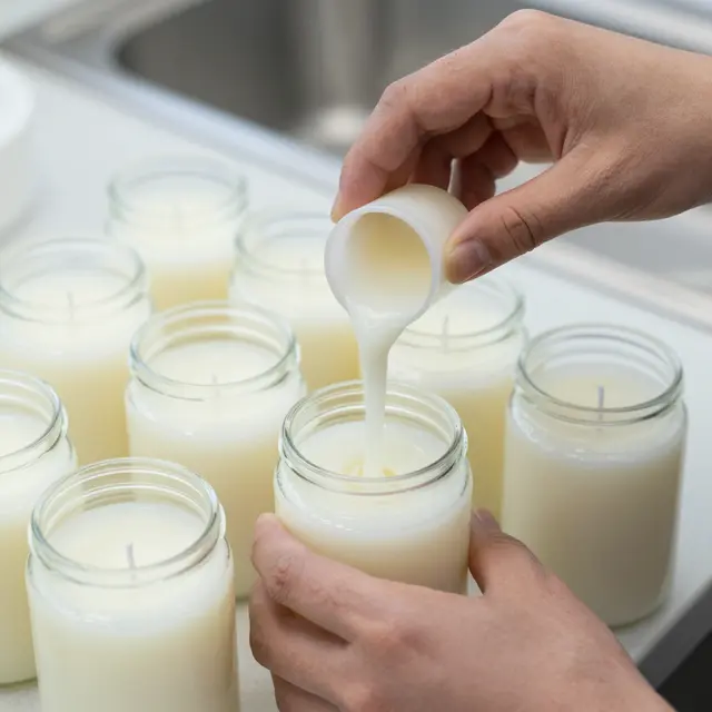Two hands pour melted wax into a plain glass jar as part of small batch candle making