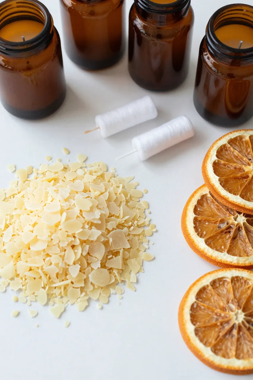 Flat lay arrangement of candle making supplies on a pale white surface