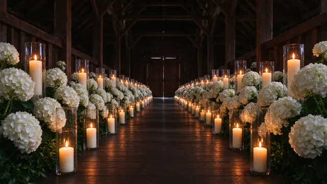 Lit pillar candles and white hydrangea clusters line a wooden barn wedding aisle