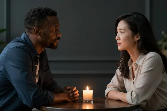 A Black man and East Asian woman converse across a small round table with a single lit candle between them