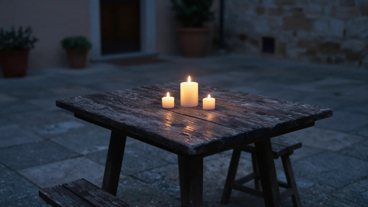Three lit candles sit on a weathered wooden table in a stone courtyard after dark