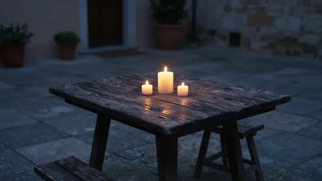 Three lit candles sit on a weathered wooden table in a stone courtyard after dark