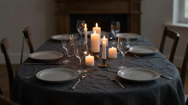 A long dining table set for a meal, lit by glowing candles under dark linen near a wood fireplace
