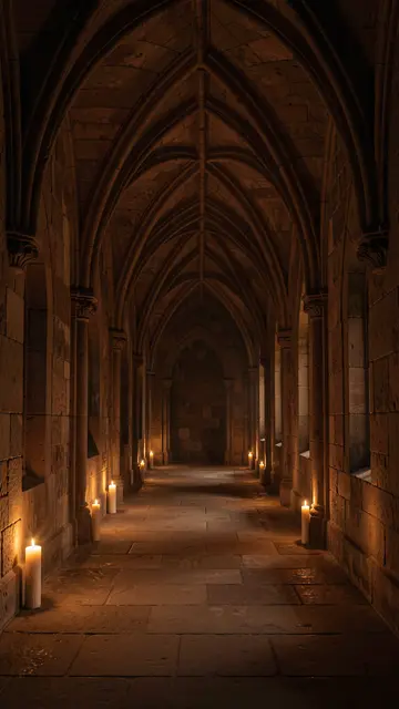 A vaulted gothic stone corridor lined with lit candles stretches into dim shadow.