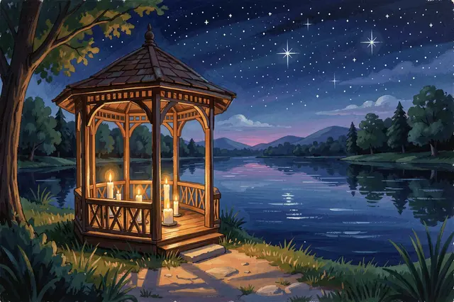 Wooden gazebo lined with lit candles sits beside a starry night lake, arranged for a quiet proposal
