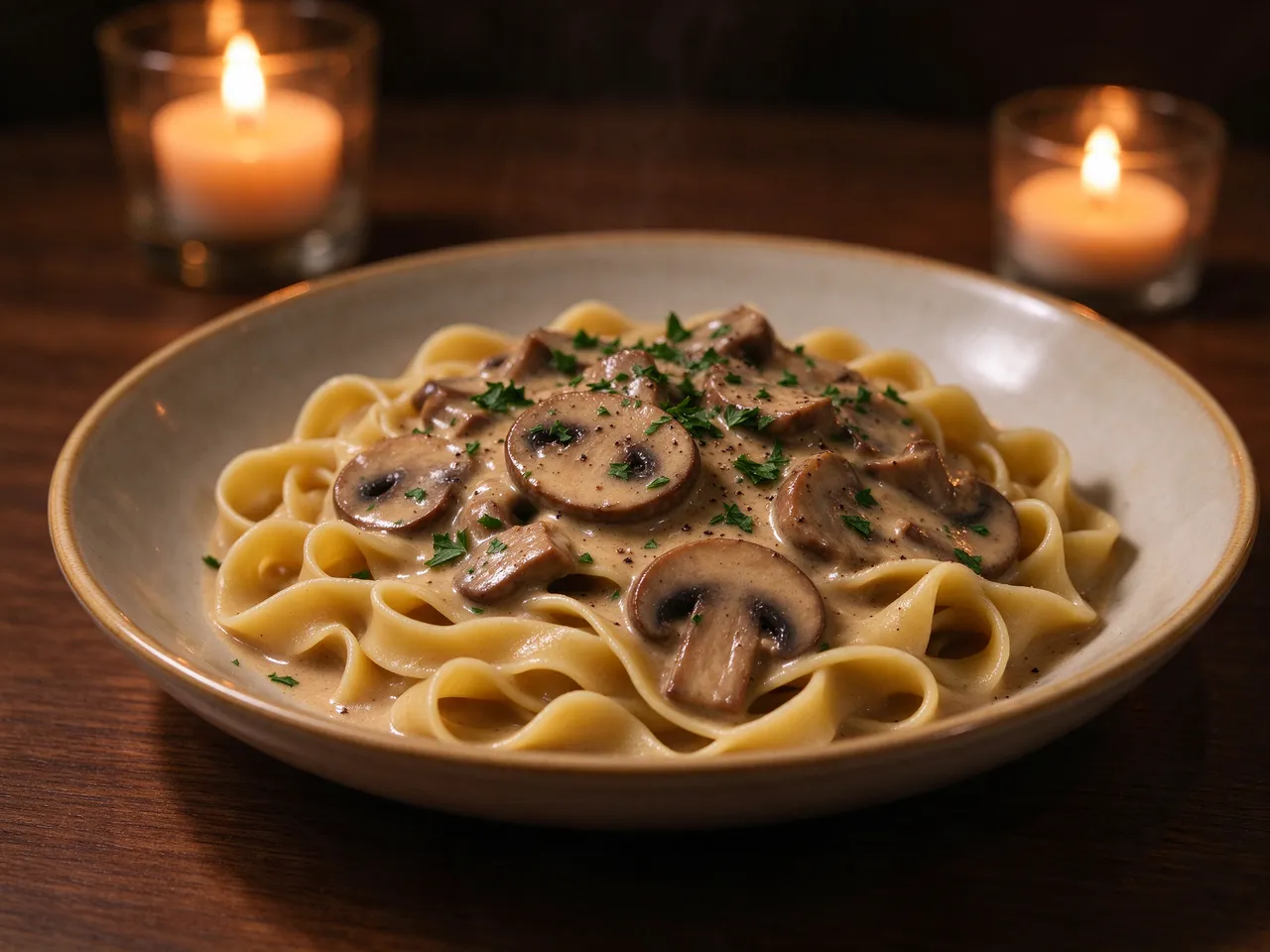 Bowl of creamy mushroom stroganoff with wide egg noodles sits on a candlelit wooden table