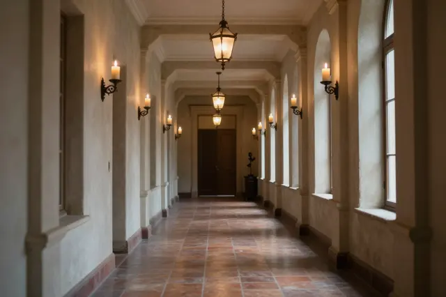Long elegant hallway in an old mansion lined with lit wall sconces and hanging lanterns