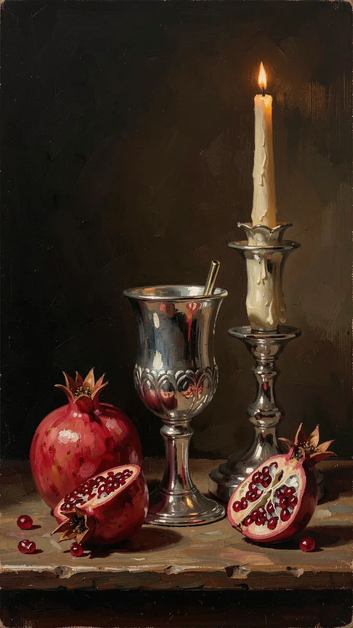Dark vertical oil painting still life of pomegranates, a silver goblet, and a burning candle on a wooden table