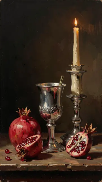 Dark vertical oil painting still life of pomegranates, a silver goblet, and a burning candle on a wooden table