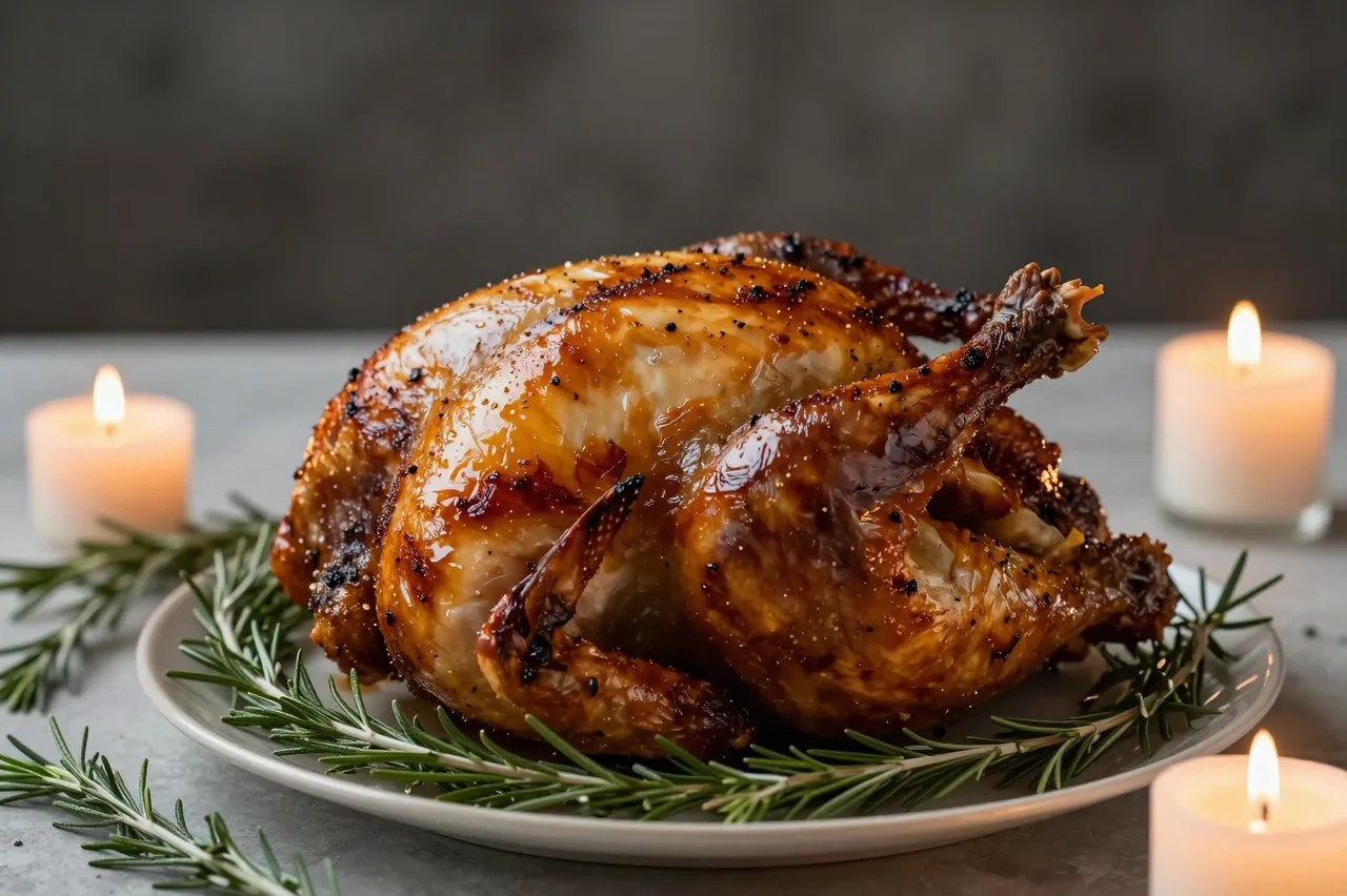 Glazed roast chicken garnished with rosemary sits on a plate surrounded by lit candles