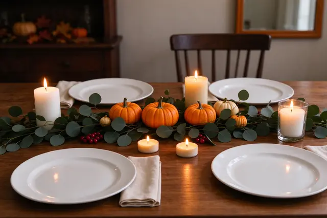 A wooden Thanksgiving table set with white plates, lit candles, mini pumpkins and eucalyptus garland.