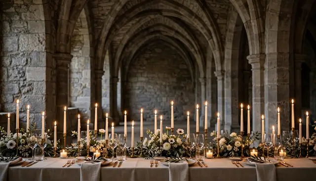 Long wedding reception table set with taper candles and white florals inside a vaulted stone hall