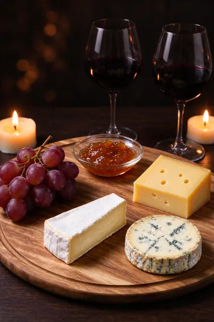 A wooden serving platter with cheeses, jam, grapes and red wine sits between lit tealight candles