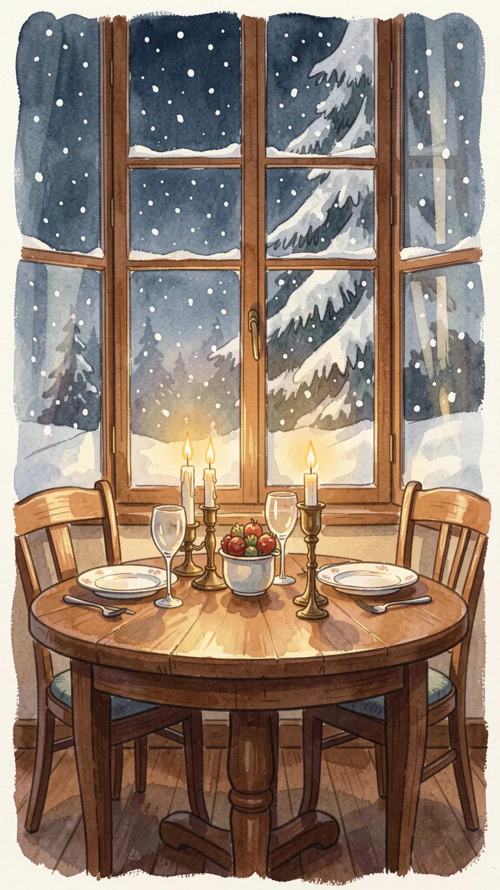 Set dining table for two with lit candles sits by a window as snow falls outside at night.