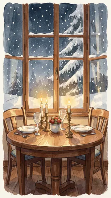 Set dining table for two with lit candles sits by a window as snow falls outside at night.