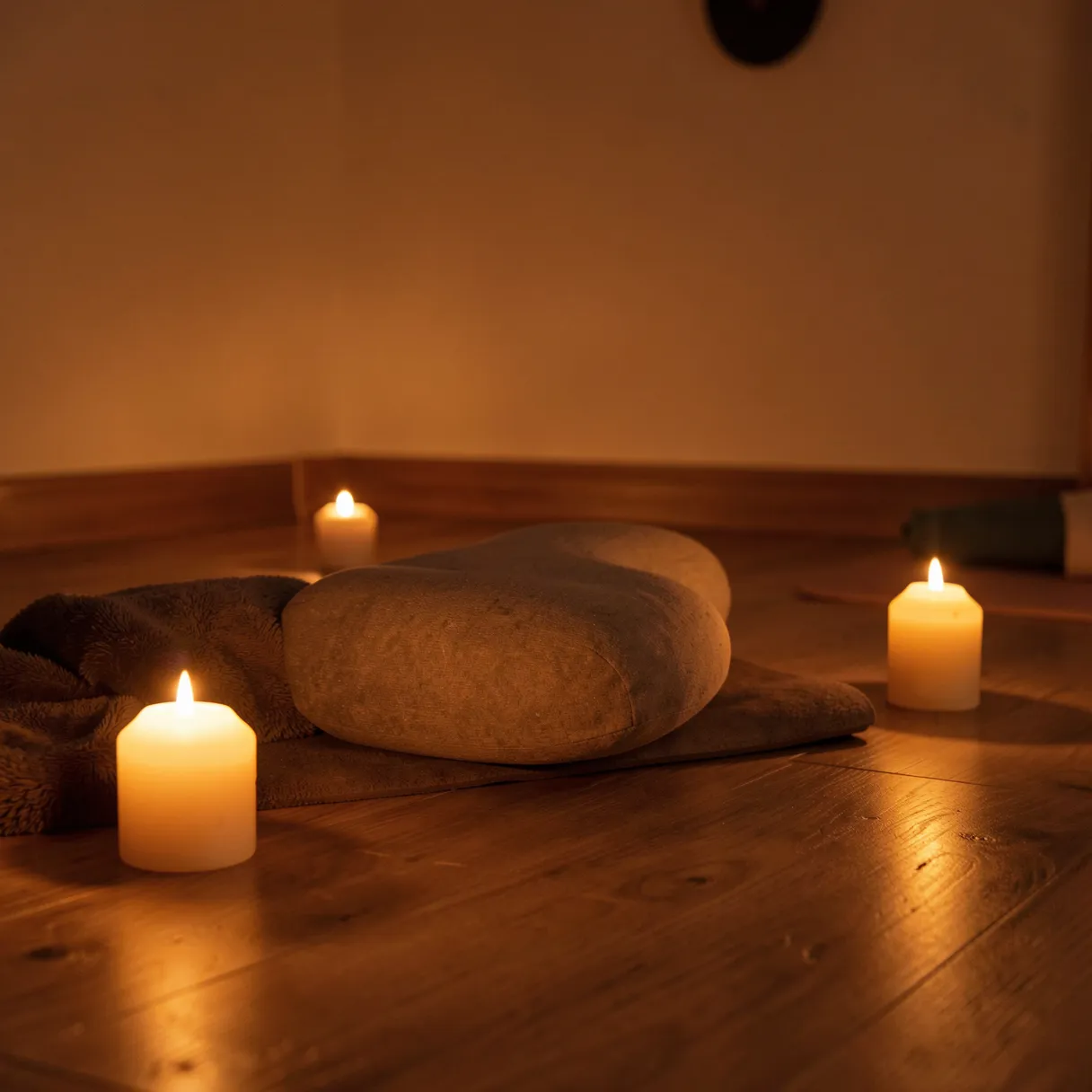 Plush yoga bolster resting on a mat surrounded by lit candles on a wooden evening floor