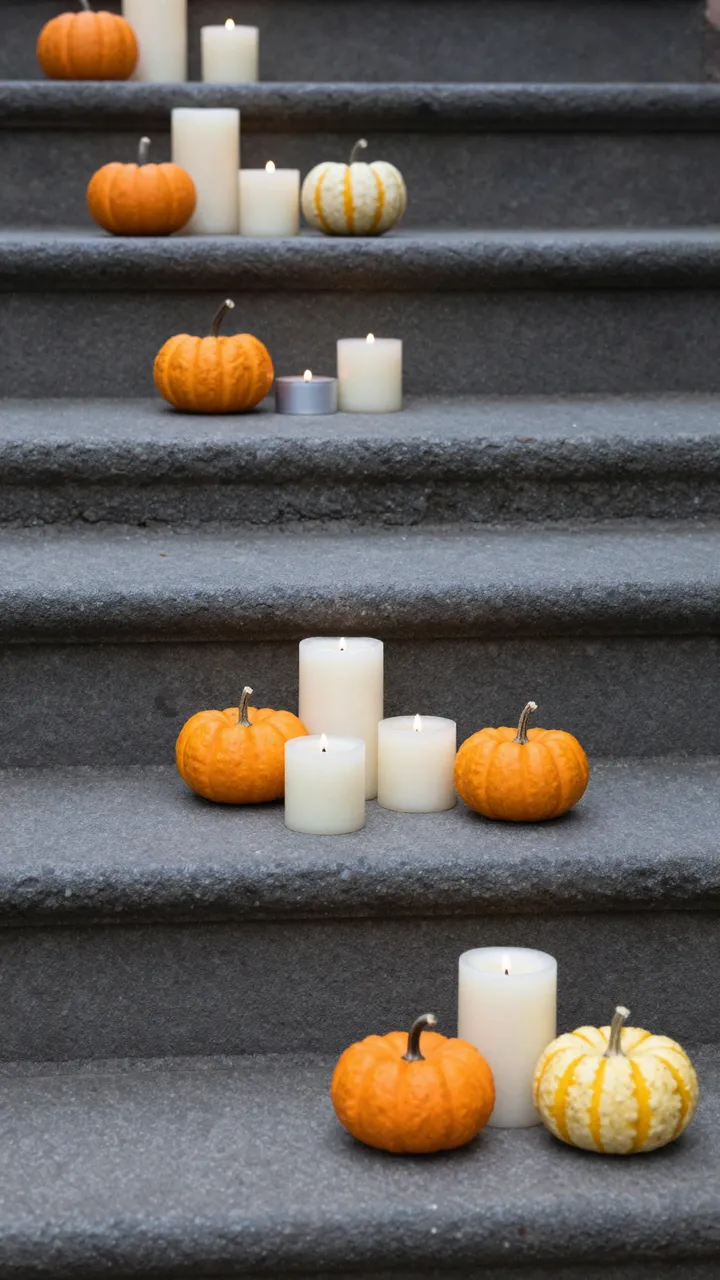 Lit white candles and small decorative pumpkins are arranged in a staggered line on dark grey stone steps.