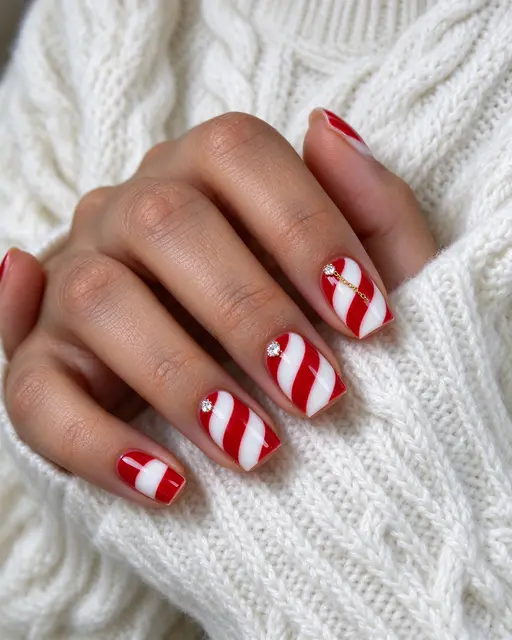 Close up of a hand with red and white candy cane nail art resting on a white cable knit sweater