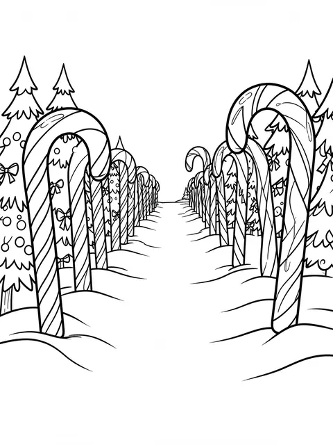 Black and white line art coloring page of a snowy path lined with giant candy canes and pine trees