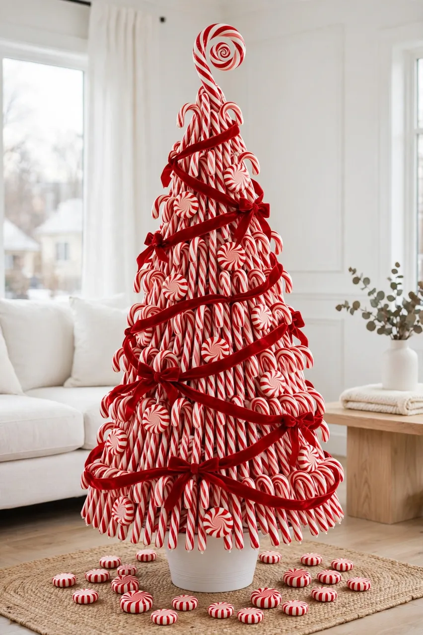 A decorative tree made of candy canes with red ribbon sits in a bright white living room