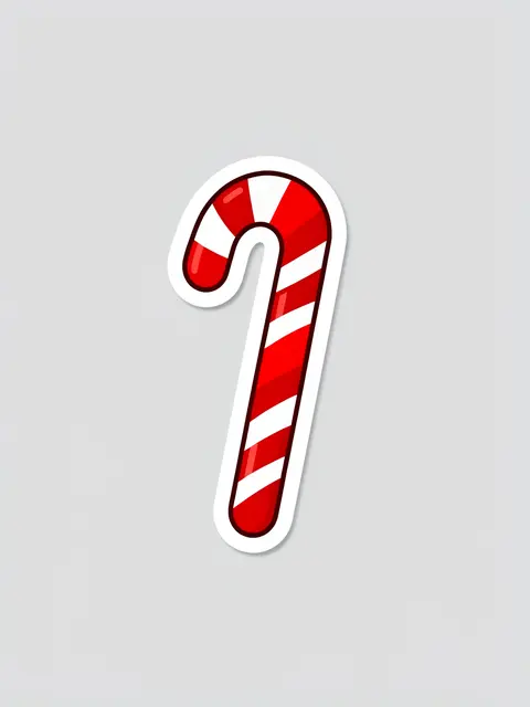 Flat cute illustrated peppermint candy cane sticker with a thick white border on a plain light gray background
