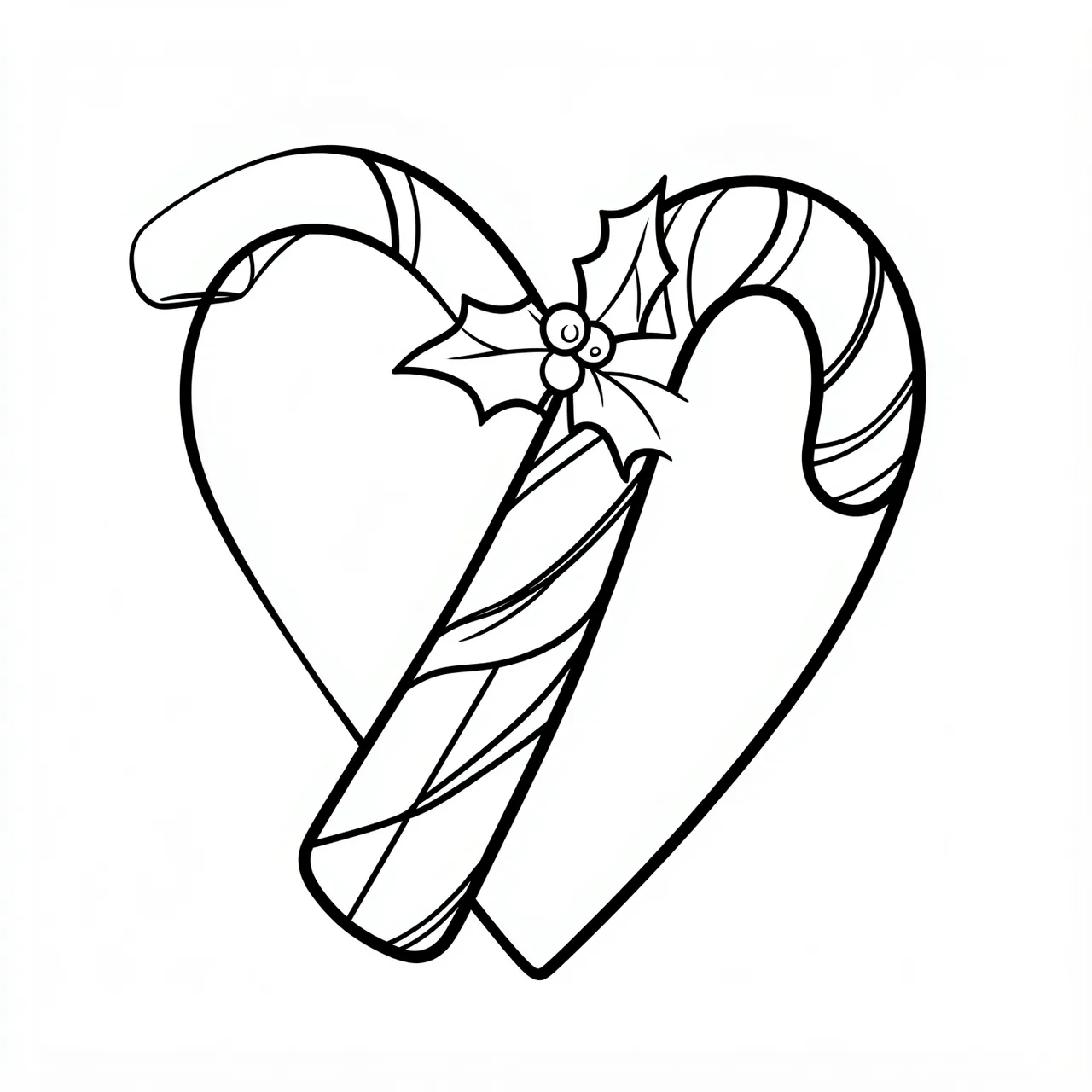 Black and white line art of two candy canes formed into a heart with a holly sprig on a white background