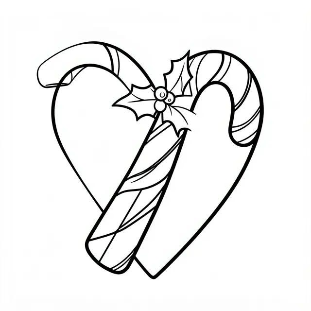 Black and white line art of two candy canes formed into a heart with a holly sprig on a white background