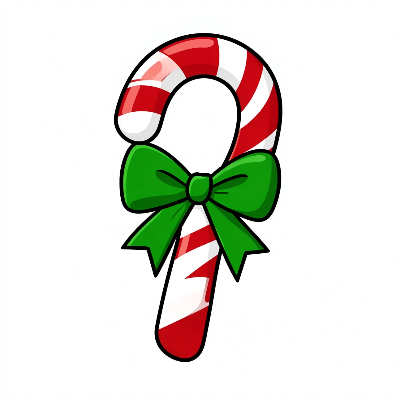 Cartoon illustration of a red and white striped candy cane with a green bow on a plain white background