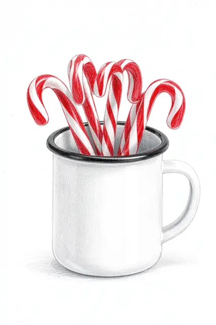 Colored pencil drawing of red and white candy canes standing inside a white enamel mug on plain white paper