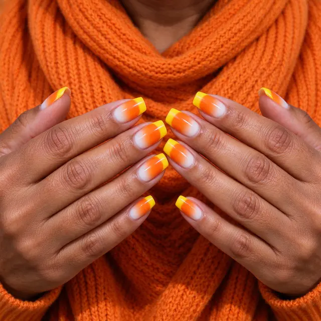 Close-up of two hands with candy corn gradient nail art held over a bright orange knit sweater