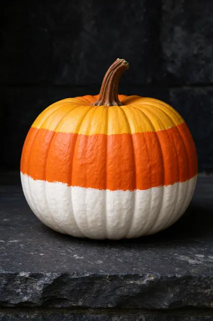 A hand-painted candy corn pumpkin rests on a dark rough slate step against a dark stone background