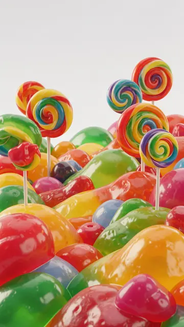 3D render of glossy colorful jelly hills dotted with swirled rainbow lollipop trees against a pale neutral background
